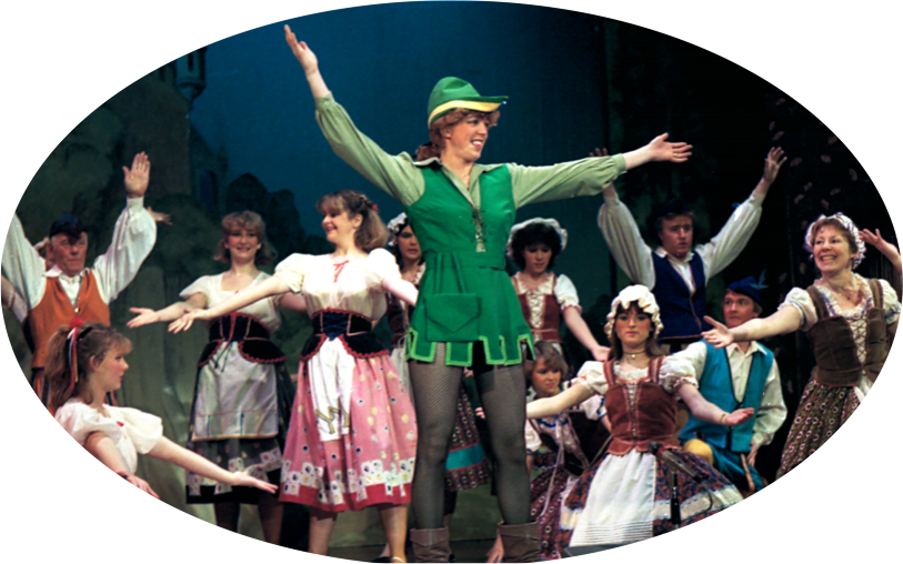 Robin Hood and chorus in 1983 Broxbourne pantomime